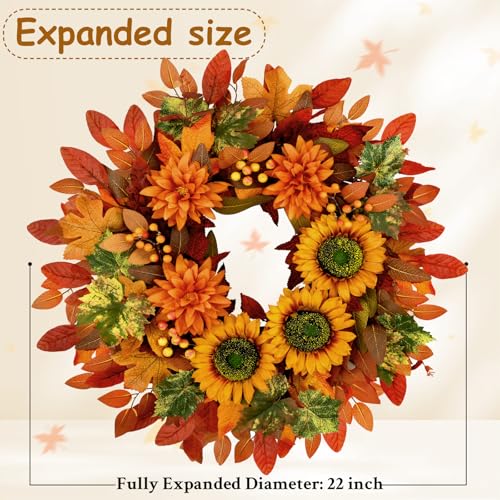 Autumn Sunflower Wreath 22 Inch Fall Door Decor - Orange