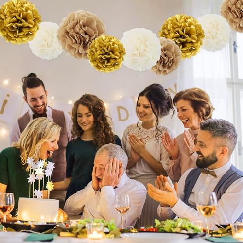 White Gold Tissue Hanging Paper Flower Ball Decorations Set - 13 Packs for Party & Events