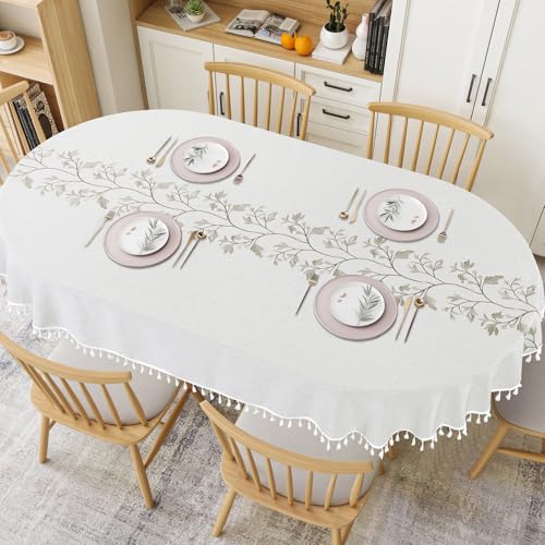 Oval Embroidery Tablecloth 60x102 Inch with Tassels - Natural Microfiber Dust-Proof