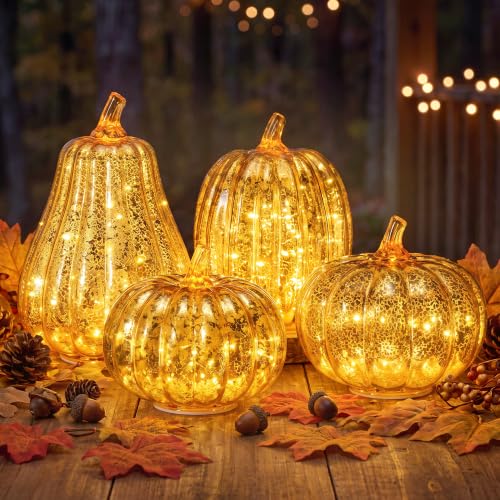 Set of 4 Glass Pumpkin Lights for Fall Halloween Decoration - Autumn Decor