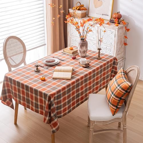 Plaid Fall Tablecloth Rectangle 60x120 Inch Rust - Premium Polyester Table Cover for Thanksgiving & Autumn
