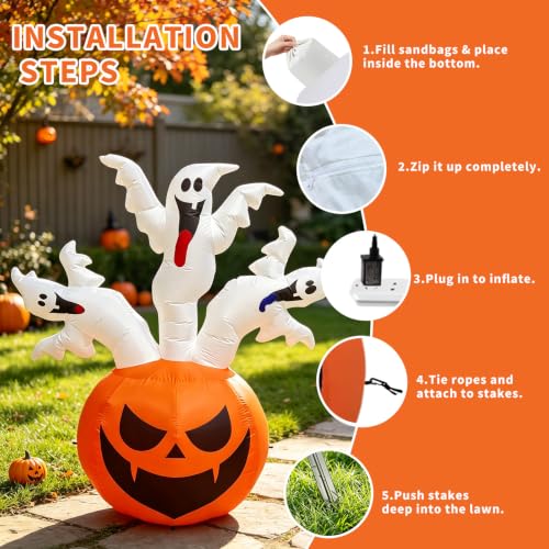 6FT Halloween Inflatable Pumpkin & Ghosts Yard Decor with LED Lights - Multi-Color