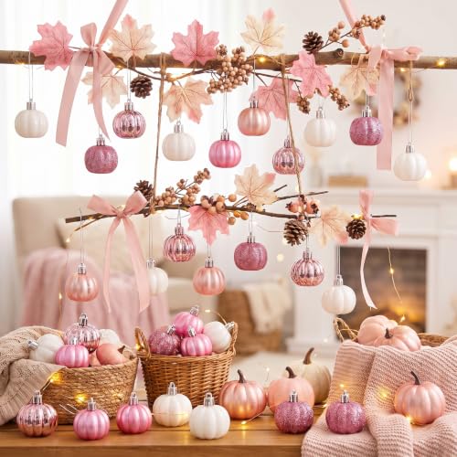 Pink Fall Pumpkin Ornaments Set of 36 - Glitter, Matte & Glossy Styles