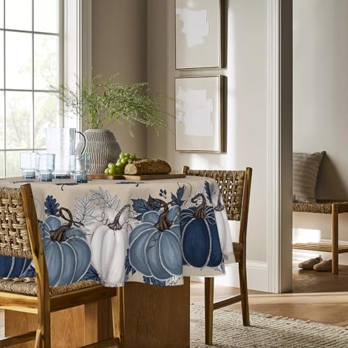 Horaldaily Fall 90-Inch Round Tablecloth - Autumn Harvest Blue Pumpkin, Beige