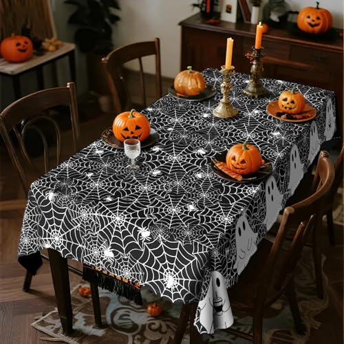 Halloween Spooky Ghost and Spider Web Tablecloth 60x84 Inch Black - Washable & Reusable