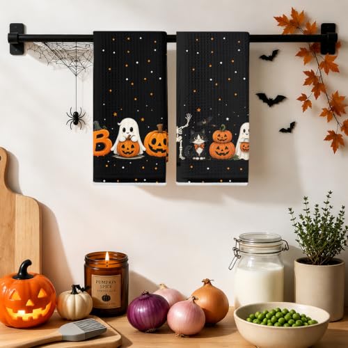 Jztco 2 Pcs Skull Cat Halloween Kitchen Towels Boo Spooky Pumpkin Multi 1660
