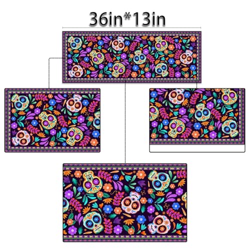 Dia De Los Muertos Table Runner 13x36 Inch Mexican Sugar Skull Day of The Dead Decor - Rustic Linen Style