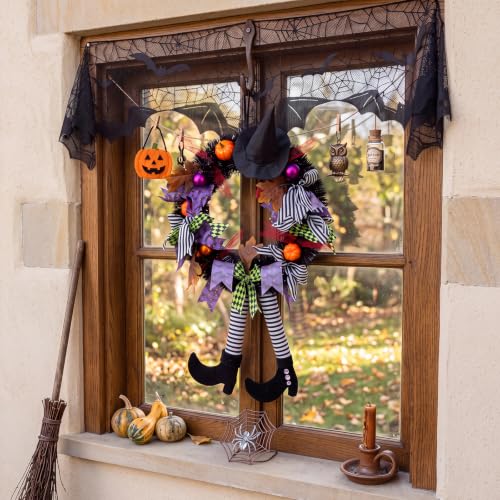 Halloween Wreath with Witch Legs and Black Hat for Front Door - Spooky Halloween Decor