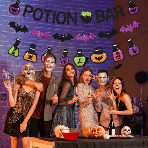 Halloween Potion Bar Banner with Glitter Potion Bottle Signs and Bat Decorations
