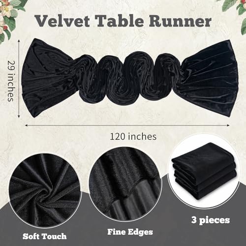 Black Velvet Table Runner 29x120 Inch Set - Luxurious Retro Halloween Decor - 3 Pieces