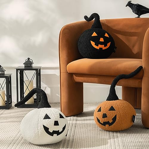 Halloween 3D Pumpkin Pillow - Off White Teddy Fleece, 9.5 x 9.5 Inches