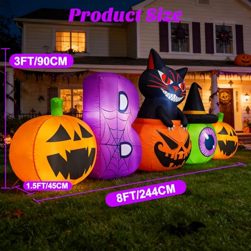 Colorful 8FT Halloween Inflatable Pumpkin with Black Cat Yard Decor