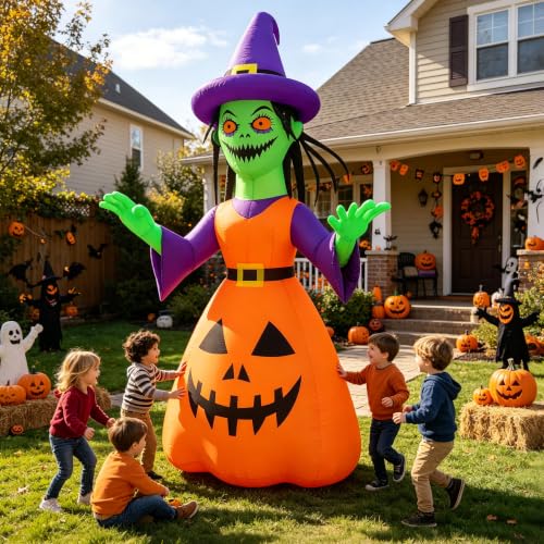 12ft Halloween Inflatable Witch Decor with LED Lights for Outdoor Yard Yard Party