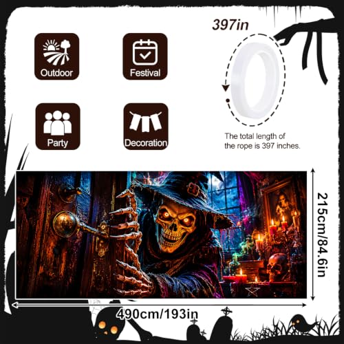 Gothic Halloween Garage Door Banner 7x16ft - Spooky Skeleton Wizard Outdoor Decoration - Halloween House Front Tapestry - Variation 263