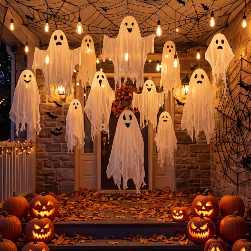 Halloween Hanging Ghost Decorations Set - Outdoor Ghosts with Gauze Sheets & Faces