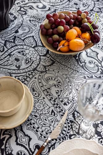 Black Jacquard Floral Tablecloth Rectangular 70 x 57 Inches - Spill-Resistant & Heavy Duty