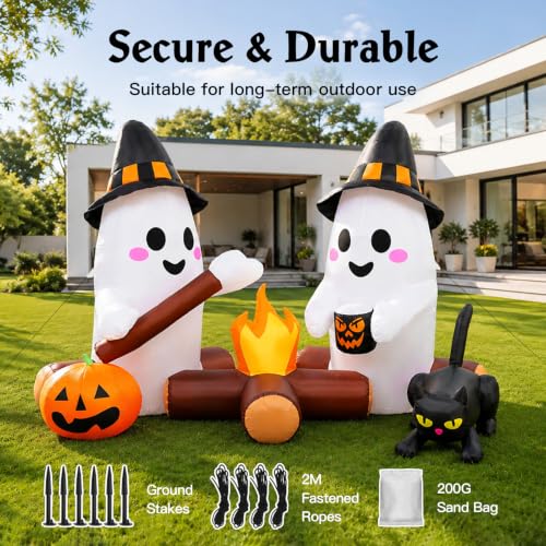 Halloween Inflatable Yard Decor with Ghost, Campfire & Lights - 7ft Outdoor Halloween Decorations
