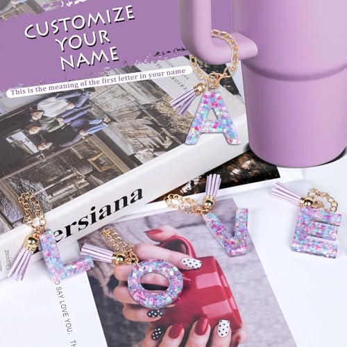 Purple Macron Heart Sequins Initial Letter Cup Charm & Straw Cover Cap for Stanley Cup