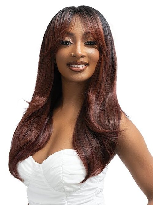Janet Collection melt VEIL BANG HD 360 HUMAN HAIR BLEND PRIME UNIMIX Hand-Tied 13X6 Frontal with HD 360 Glueless Transparent Lace BATA Wig (COLOR #1B)