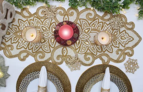 Beaded Table Runner Ivory & Gold - Handmade 13x36 Inches - Gold Variation
