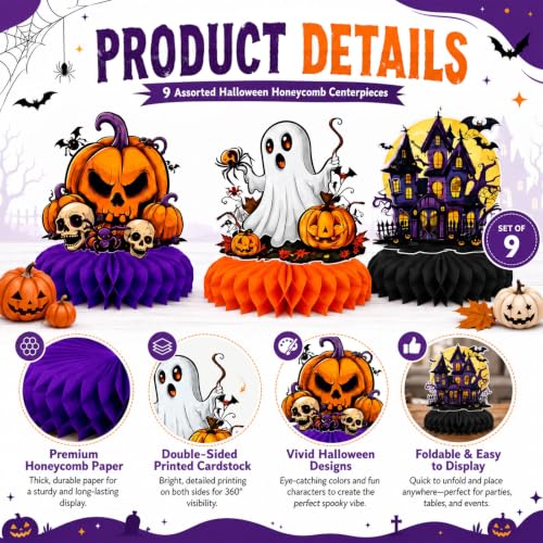 Halloween Honeycomb Centerpieces Set of 9 - 3D Table Decorations for Parties