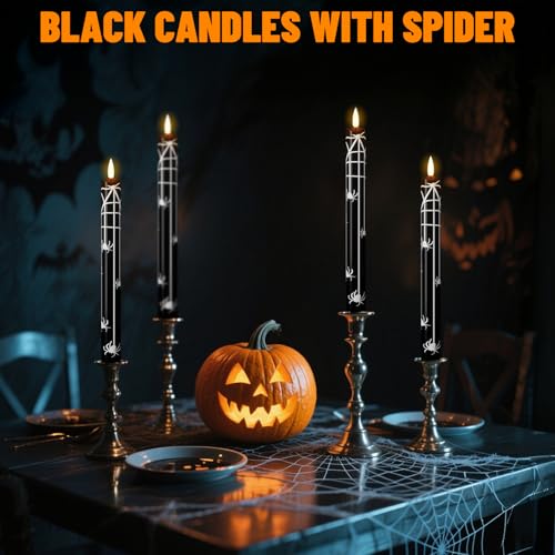 Halloween Flameless Taper Candles with Spider Decals - Remote & Timer - Black, Variation 3-Spider