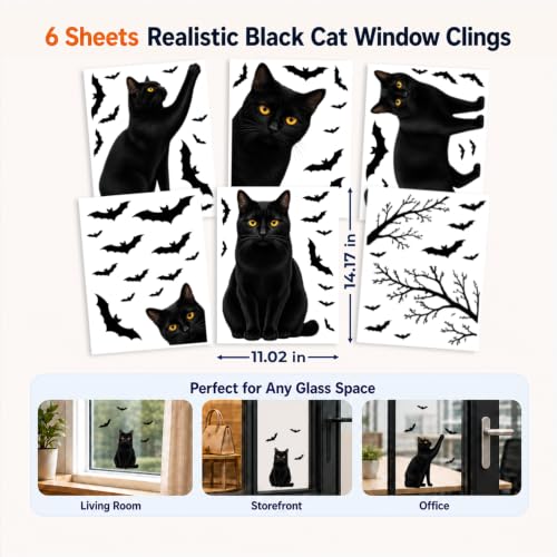 Funny Halloween Black Cat Window Clings - 6 Sheets, Static PVC Decor for Glass & Mirrors