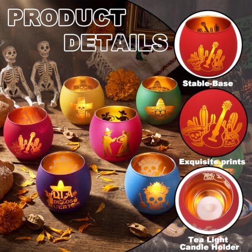 Day of the Dead Candle Holders Set - Vibrant Glass Decor for Festive Celebrations