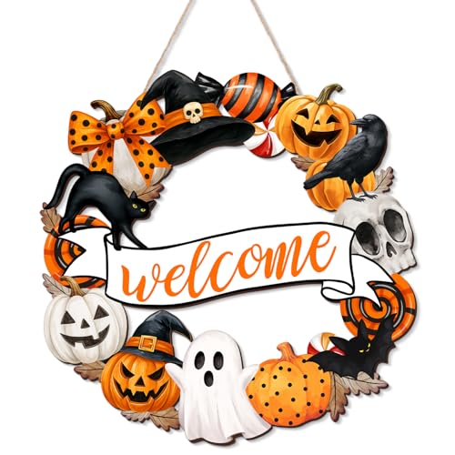 Halloween Wooden Door Sign Welcome Wreath - Spooky Holiday Decor