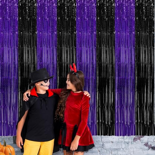 4 Pack Purple Black Fringe Backdrop Halloween Party Decorations - Fringe Curtains