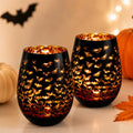 Halloween Bat Wine Glass Set - 2 Black and Orange 16oz Stemless Cocktail Glasses