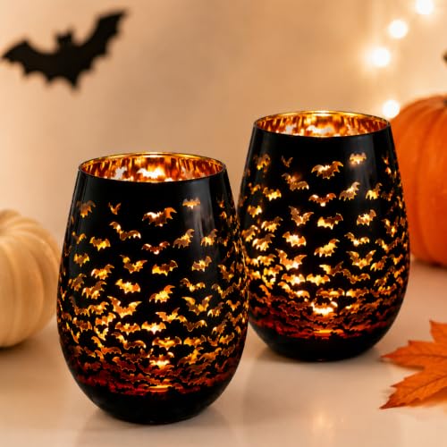 Halloween Bat Wine Glass Set - 2 Black and Orange 16oz Stemless Cocktail Glasses