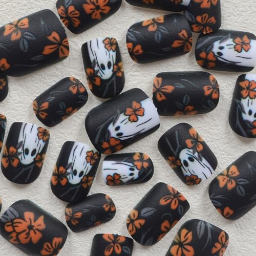 Halloween Press On Nails Short Square with Ghost Design - Style 11