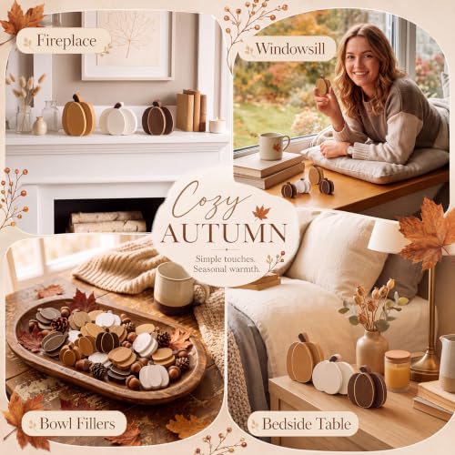 Brown Fall Wooden Pumpkin Decor Set - Rustic Neutral Harvest Table Centerpieces - 18 Pcs
