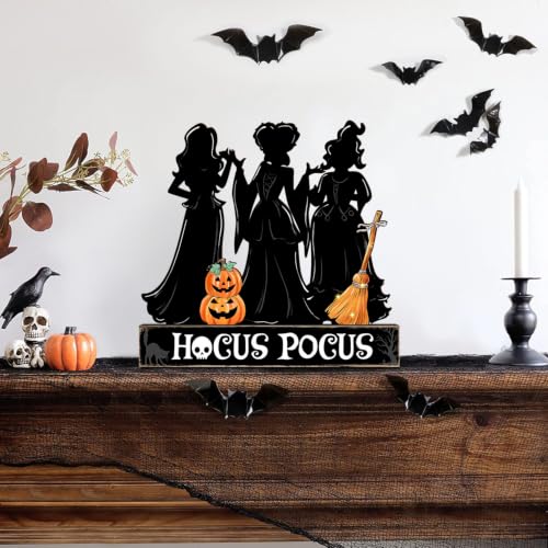 Halloween Witch Sisters Wooden Sign with Spooky Silhouettes - Centerpiece Decor