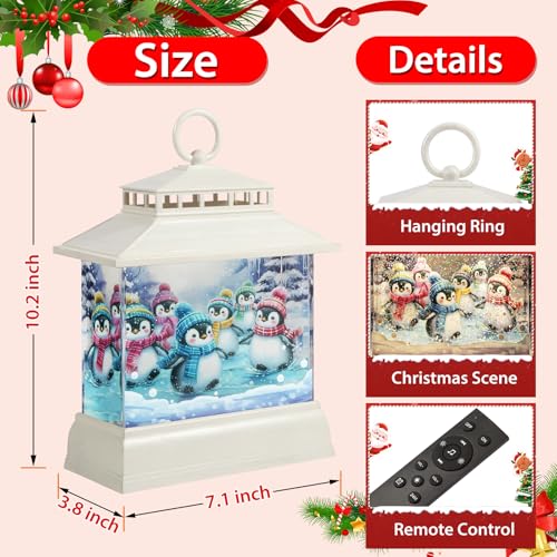 Christmas Snow Globe Lantern with Penguins - Water Glitter & Music, 8 Songs, 6H Timer, Remote & USB Power