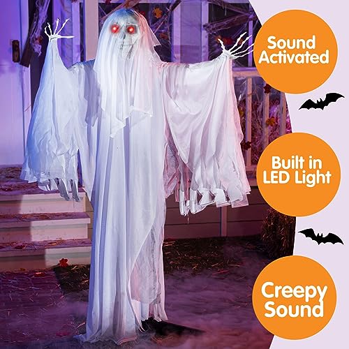 Halloween Ghost Decoration Animatronic Life Size Skeleton with Creepy Sound - White