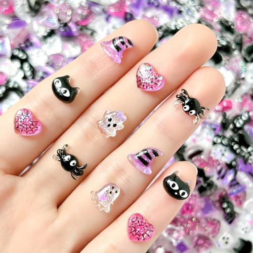 Halloween Nail Charms Set - Purple Ghost Spider Web Rhinestones & 3D Nail Gems - Variation 12