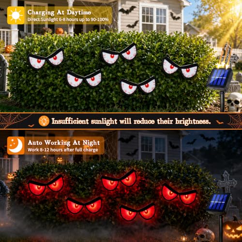 Solar Halloween Glowing Eyes Lights for Bushes & Trees - Red, 5 Pairs, Flash & Steady Modes