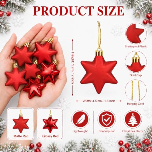 Red 1.8 Inch Christmas Star Ornaments - 12 Pack Lightweight & Durable Holiday Decor
