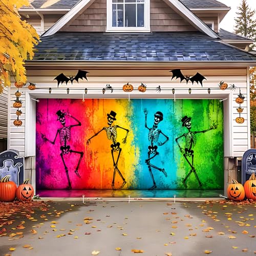 Halloween Garage Door Banner Cover - 7x16 FT Colorful Skeletons & Rainbow Backdrop, Variation 242
