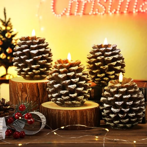 4 Pcs LED Pine Cone Flameless Candles Battery Operated Holiday Decor - Warm Light