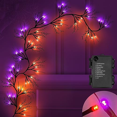 Halloween Willow Vine Garland with 54 LED Lights - 6 Ft Orange & Purple, Waterproof, 8 Modes