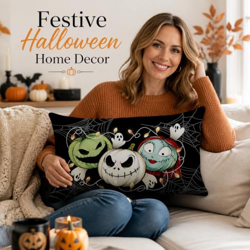 Halloween Pillow Cover 12x20 Inch Black Cushion Case Spooky Skeleton & Rag Doll Design