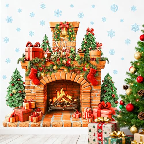 Christmas Fireplace Wall Decals - Snowflakes & Winter Tree Stickers - Removable Holiday Mural - Fireplace Variation