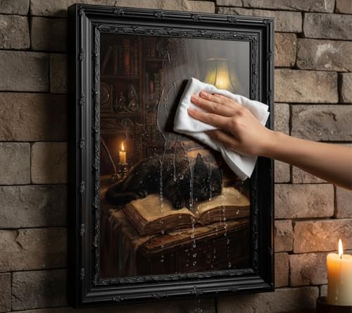 Dark Academia Cat Wall Art - Framed Vintage Gothic Canvas Print, 16x12in - Moody Black Cat Sleeping on Book