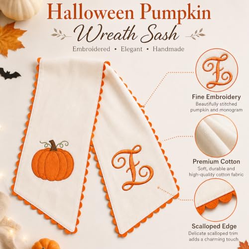 Halloween Pumpkin Wreath Sash - Fall Front Door Decor with Bow - Variation C