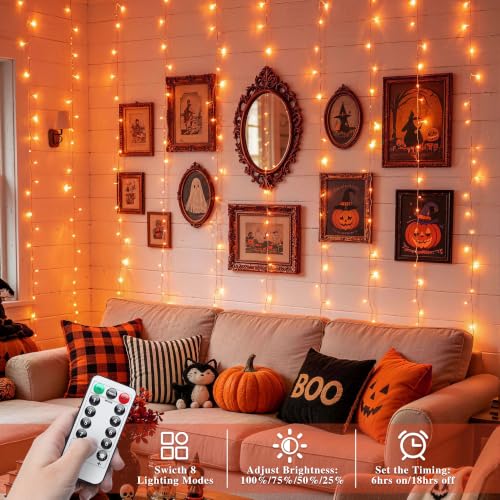 Halloween Curtain Lights - 200 Orange LED String Lights for Indoor Outdoor Decor - Remote Control & Dual Power