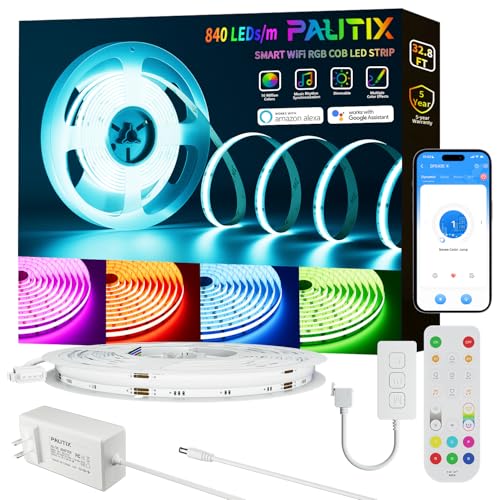 PAUTIX RGB COB LED Strip Light 32.8ft/10m Upgraded Smart Color Changing Tape