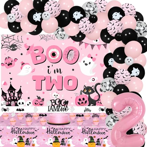 Halloween Birthday Balloon Arch Kit with Cake Toppers & Tablecloth for 2 Years Old Party
